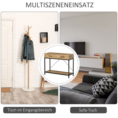 HOMCOM Konsolentisch Flurtisch mit Ablage und 2 Schubladen, 100 x 35 x 76,5 cm Beistelltisch Sofatisch Ausstellungstisch für Kleinen Raum, Eingang, Flur, Wohnzimmer Braun+Schwarz