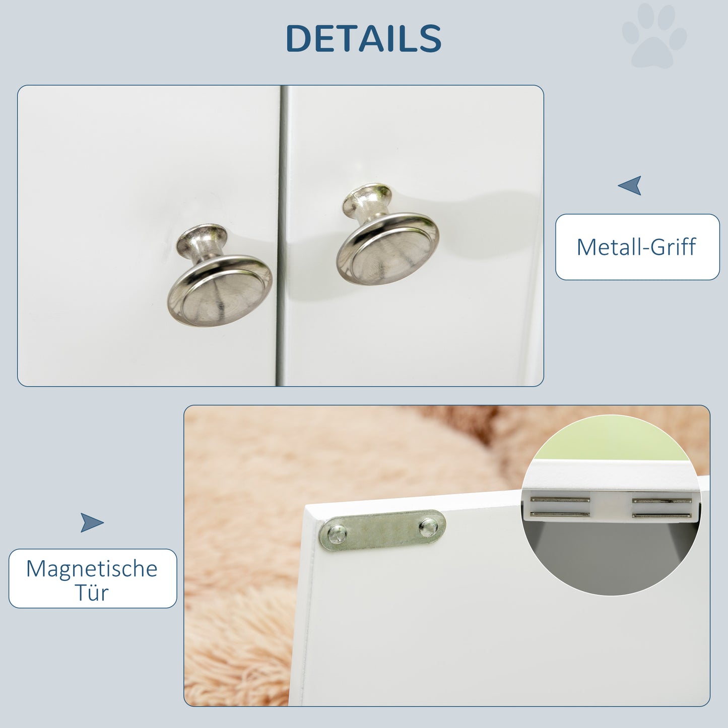 PawHut Hunde Futterstation, 2 Näpfe aus Edelstahl, Schrankfach 44L Kapazität, Magnettüren, vit, 60x30x35,5 cm