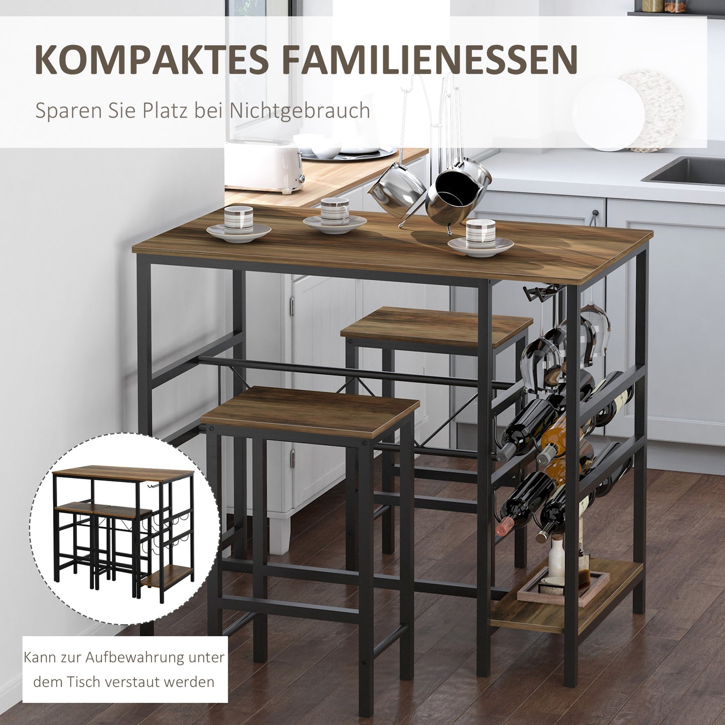 HOMCOM Bartisch-Set, Stehtisch mit 2 Barhockern, 3-teiliges Tischset Küchentresen mit Flaschenhalterung Spanplatte, Stahl, Natur+Schwarz, 108 x 60x 95H cm