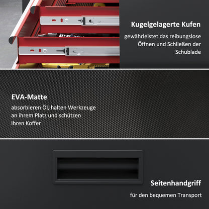 HOMCOM Rollbarer Werkzeugschrank, Stabiler Schrank mit oberer Werkzeugkiste und Schubladen, abschließbar, Metall, Schwarz+Rot
