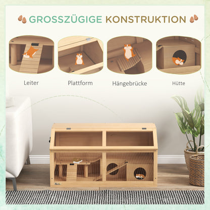 PawHut Hamsterkäfig för syriska Hamster och Zwerghamster, med Plattform, Hägebrücke, Hütte, 85x45x44 cm