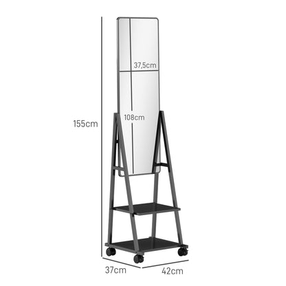 HOMCOM Rollbarer Ganzkörperspiegel mit 2 Regalen und 4 Rädern, für Schlafzimmer, Wohnzimmer, Flur, Schwarz