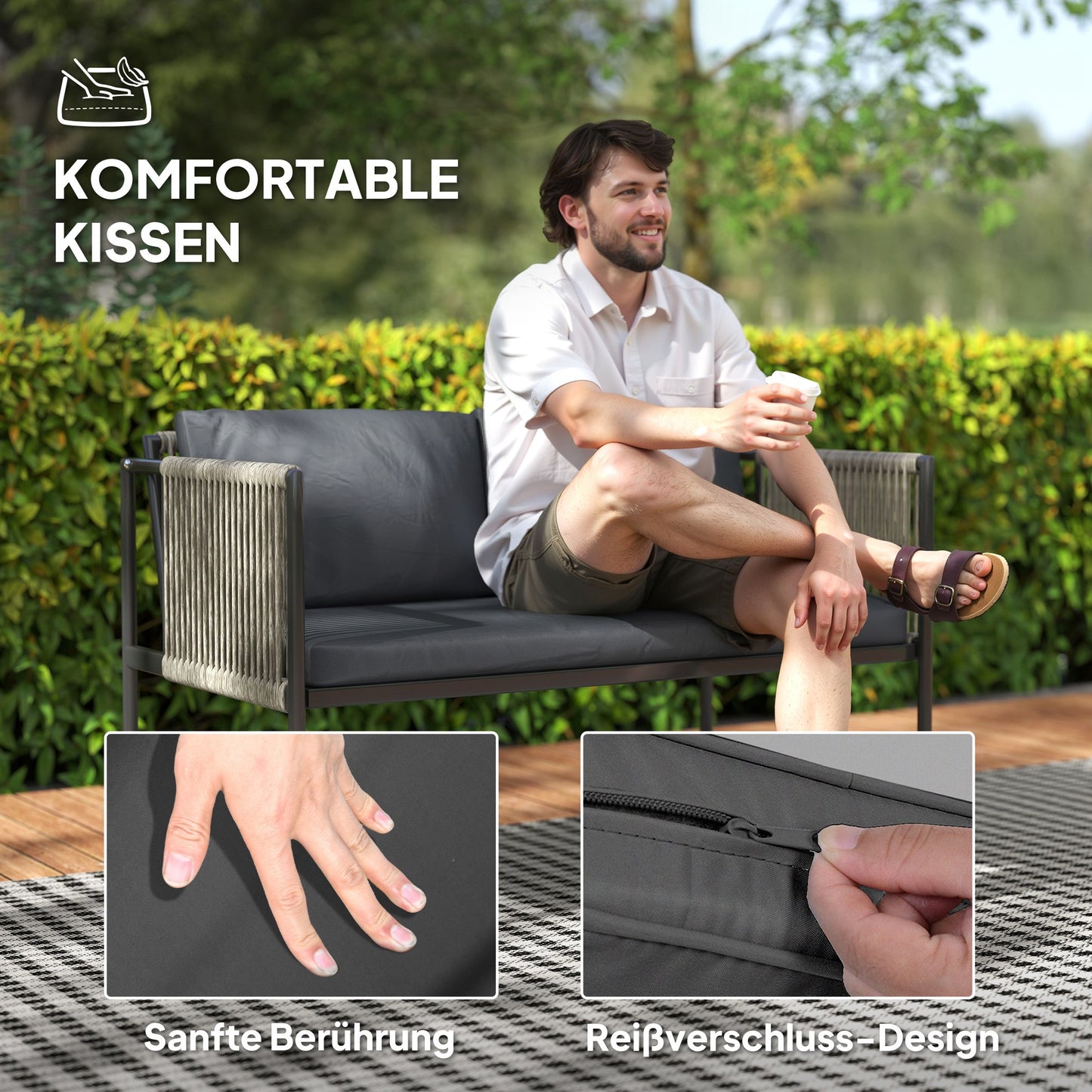 Outsunny 4-teiliges Gartenmöbel-Set, 1 Sofa, 2 Sessel, 1 Tisch mit Glasplatte, Kissen, Stahlrahmen, Kunststoff-Rattan, Grau