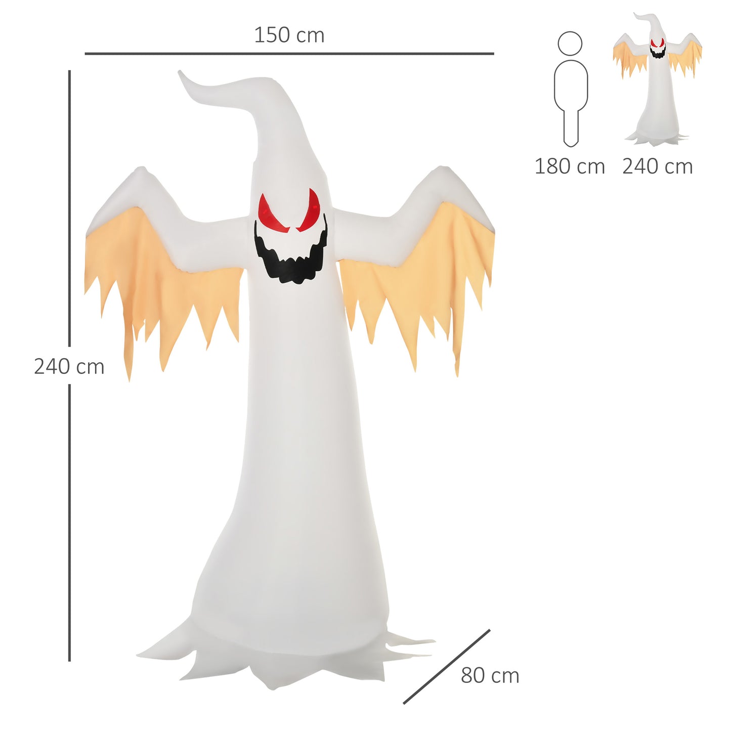 HOMCOM Halloween aufblasbares Gespenst 2,4 m Dekoration mit LEDs IP44 Selbstaufblasender Polyester Weiß + Rot 150 x 80 x 240 cm