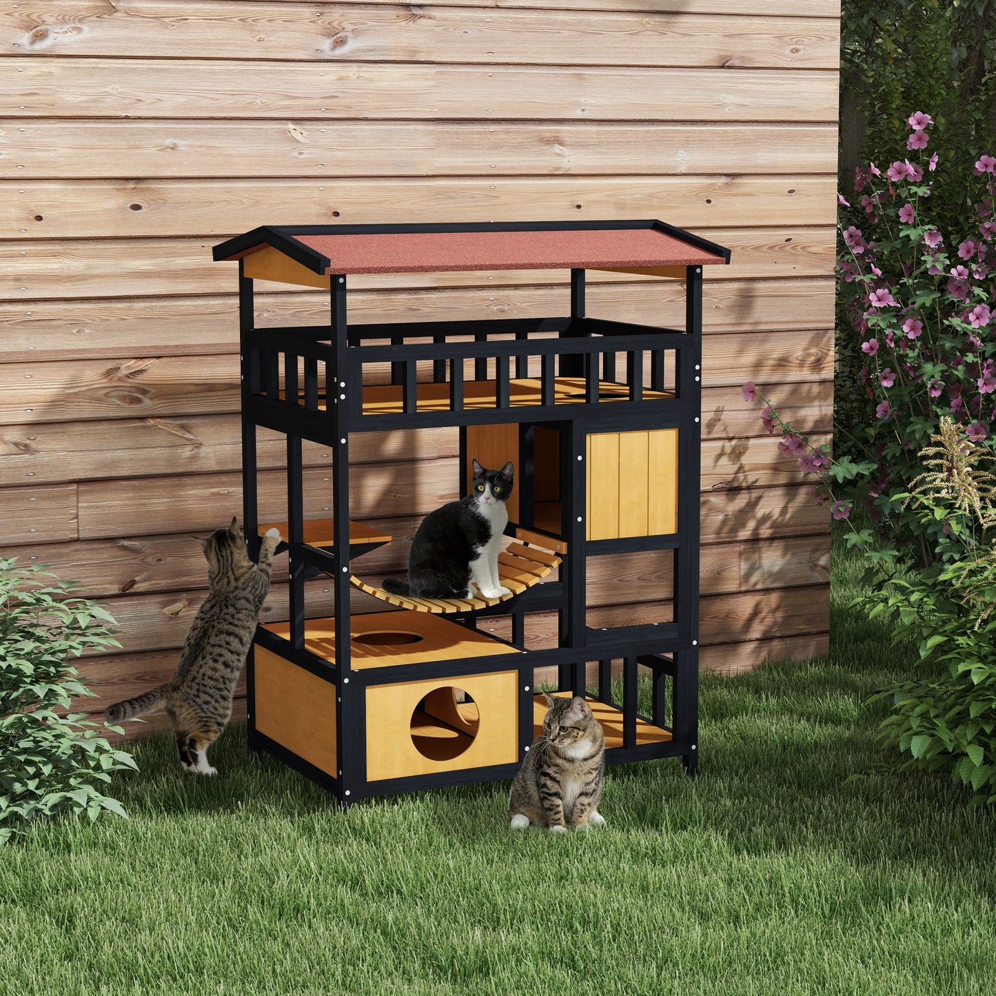 PawHut Katzenhaus, Katzenparadies mit Plattformen, Hängebrücke und Katzenhöhlen, für bis zu 2 Katzen geeignet, Holz