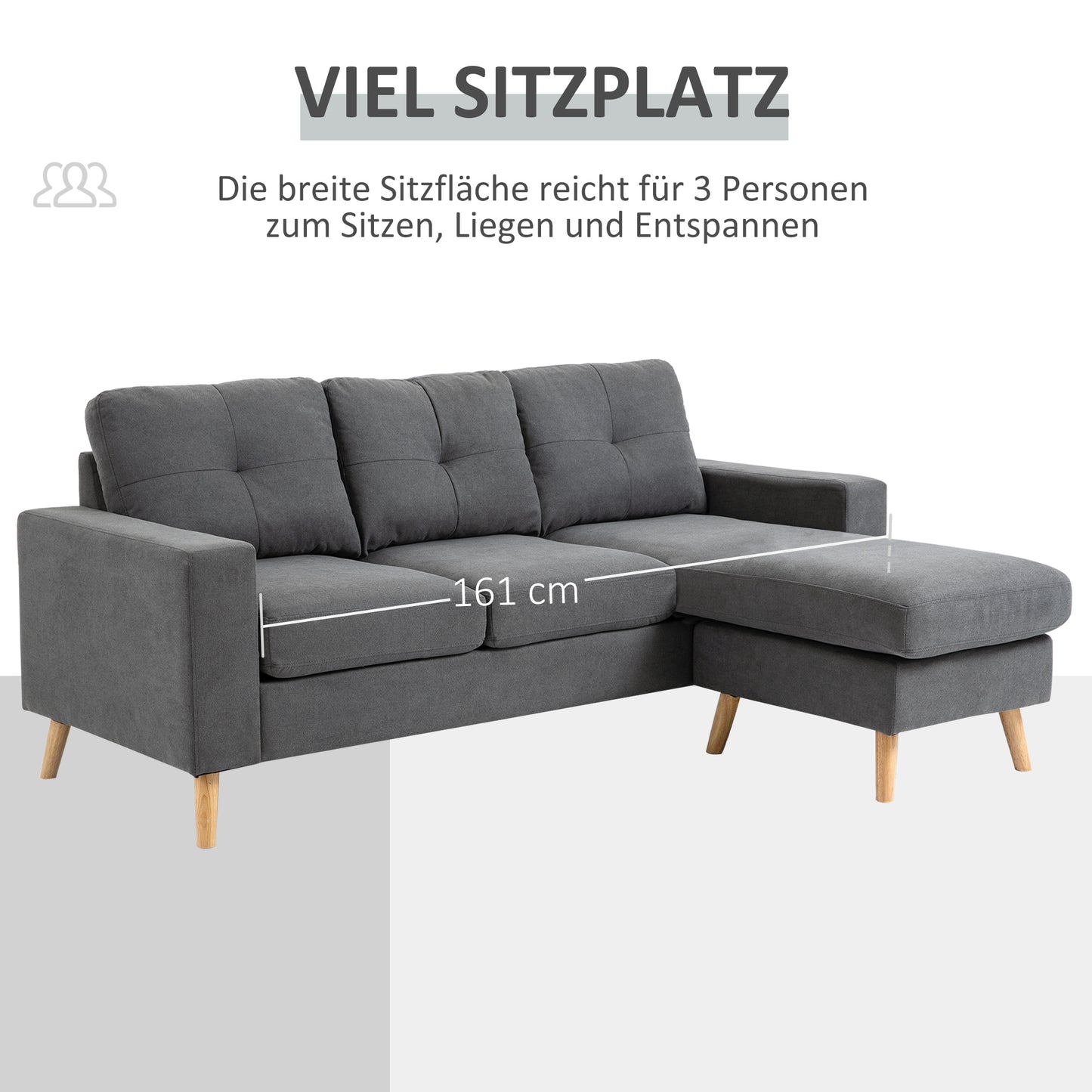 HOMCOM Ecksofa im Skandidesign, mit Knopfheftung, Massivholz, Leinenoptik, Grau