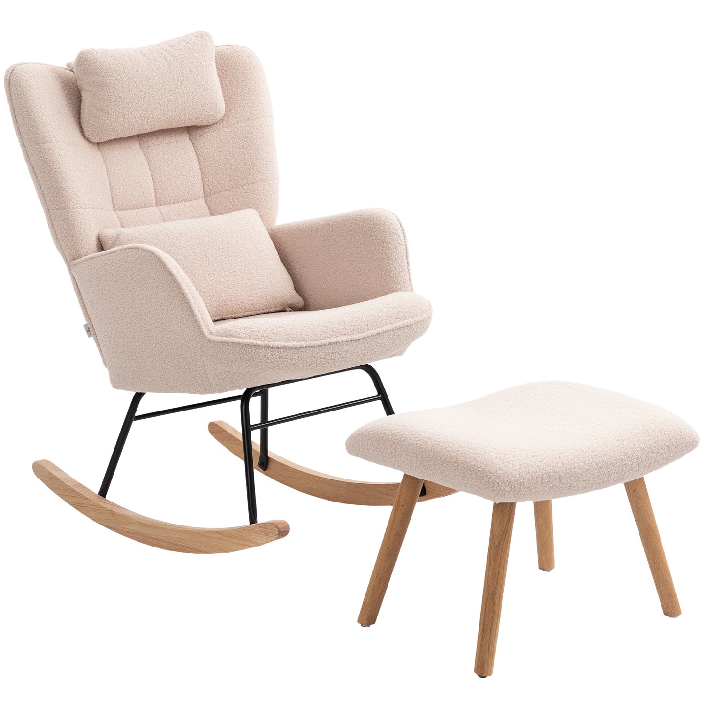 HOMCOM Schaukelstuhl mit Fußhocker, weicher Fleece-Bezug, Holzbeine, Kissen, hohe Rückenlehne, Schaukelsessel, Beige
