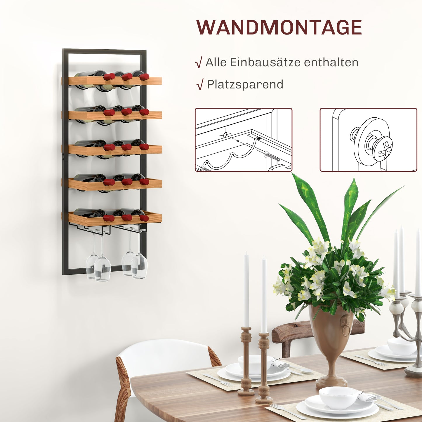 HOMCOM Wand-Weinregal, 5 Ebenen, Flaschenhalter, Gläserhalter, Kiefernholz, Stahl, Hausbar, Küche, Wohnzimmer, Braun