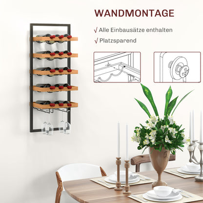 HOMCOM Wand-Weinregal, 5 Ebenen, Flaschenhalter, Gläserhalter, Kiefernholz, Stahl, Hausbar, Küche, Wohnzimmer, Braun