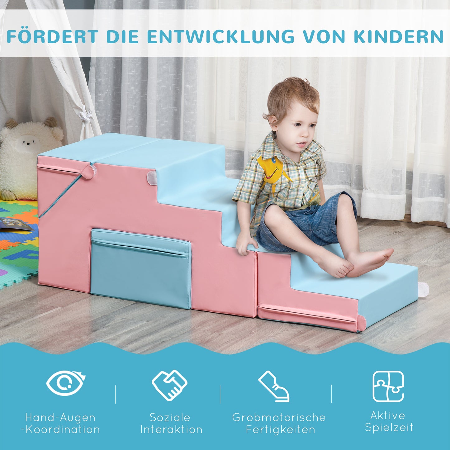 HOMCOM Kletter- und Rutschspielzeug für Kinder, fördert Motorik, Kunstleder, EPE-Schaum, 86x49x47 cm, Rosa+Blau