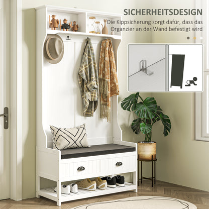 HOMCOM Garderobenständer mit Haken, Garderobe mit Schuhbank, für Eingangsbereich, Flur, Metall, MDF, Weiß+Grau