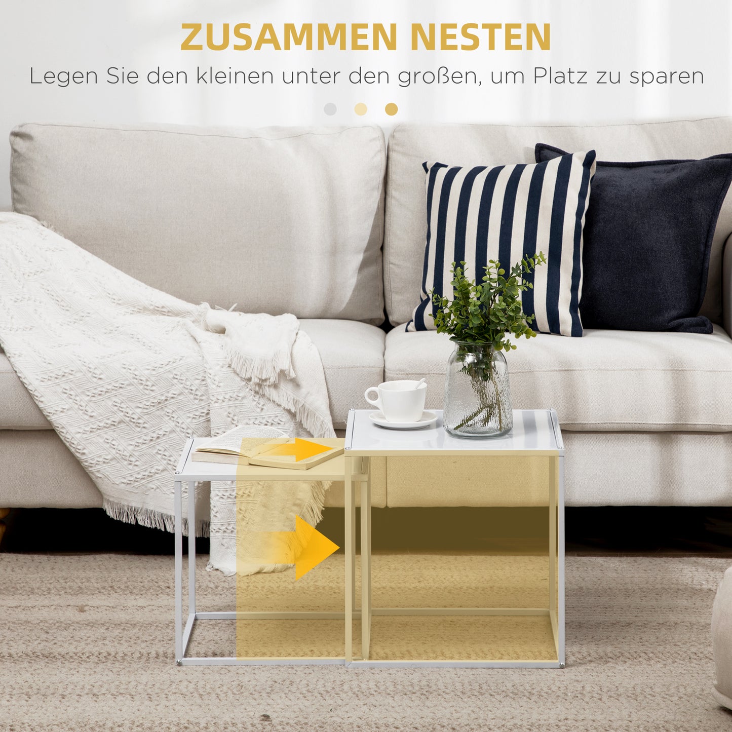 HOMCOM Beistelltisch-Set, moderne Satztische, platzsparend, stabiler Stahlrahmen, Weiß