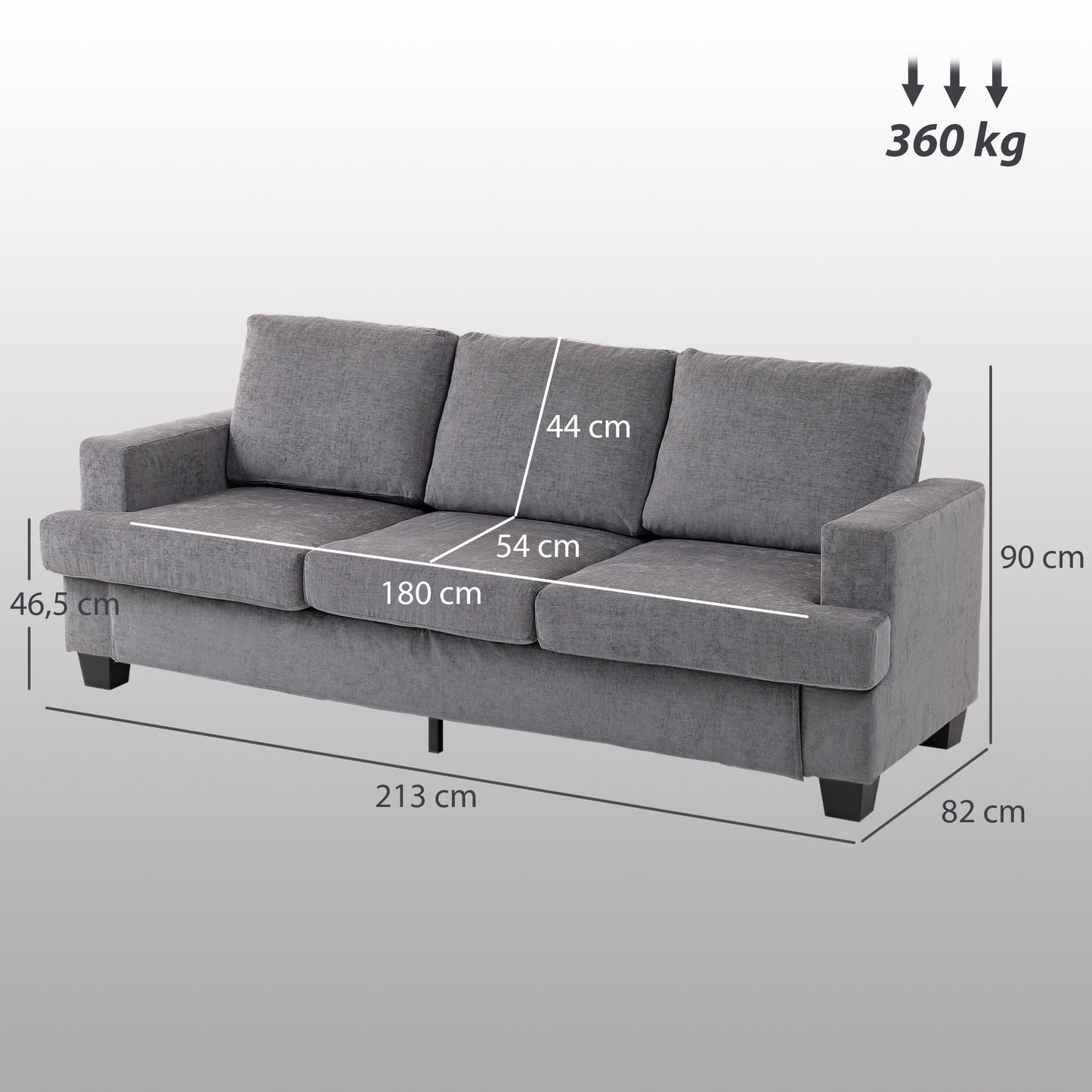 HOMCOM 3-Sitzer-Sofa, Wohnzimmersofa für 3 Personen, Stoffbezug, Stahlrahmen, Polstersofa, Grau