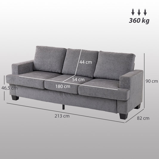 HOMCOM 3-Sitzer-Sofa, Wohnzimmersofa für 3 Personen, Stoffbezug, Stahlrahmen, Polstersofa, Grau