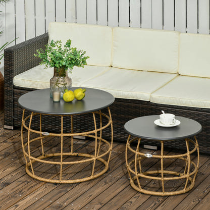 Outsunny 2er-Set Gartentische im Boho-Stil, wetterbeständig, stapelbar, 60 cm x 60 cm x 47 cm, Natur + dunkelgrau