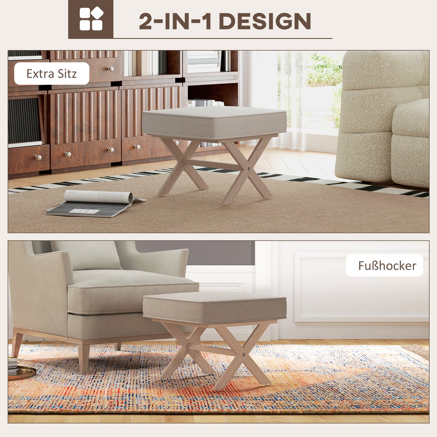HOMCOM Moderner Fußhocker, Gepolsterter Hocker mit weichem Sitz, Kautschukholzbeine, für Wohnzimmer, Schlafzimmer, Beige