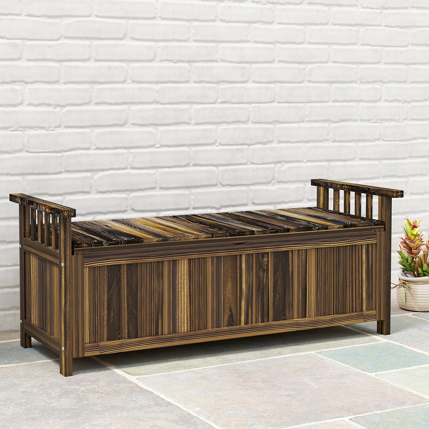 Outsunny 2-Sitzer Gartenbank Holz, wetterfest Sitzbank, Gartenmöbel mit Stauraum Armlehnen 128,5 x 56 x 53,5cm, Verkohlt