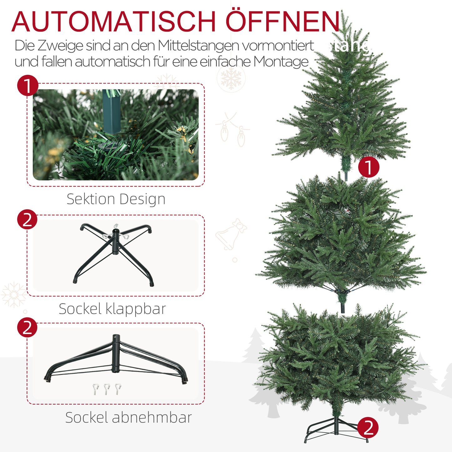 HOMCOM Weihnachtsbaum, Kunsttanne, realistisches Aussehen, schneller Aufbau, Kunststoff, Grün, 114 x 114 x 180cm