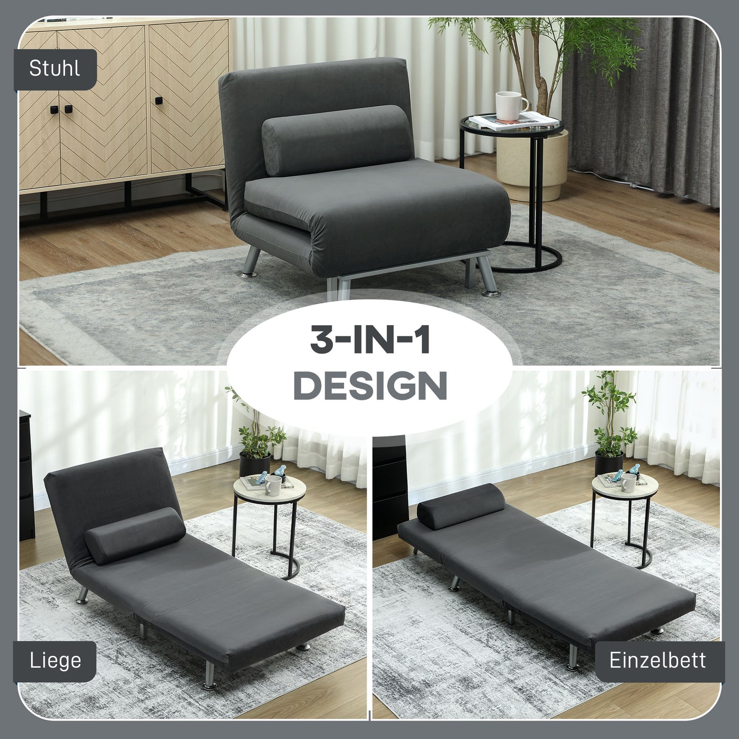 HOMCOM Klappsessel mit Bettfunktion, klappbarer Relaxsessel in Samtoptik, Verstellbare Rückenlehne, 75 x 70 x 75 cm, Dunkelgrau