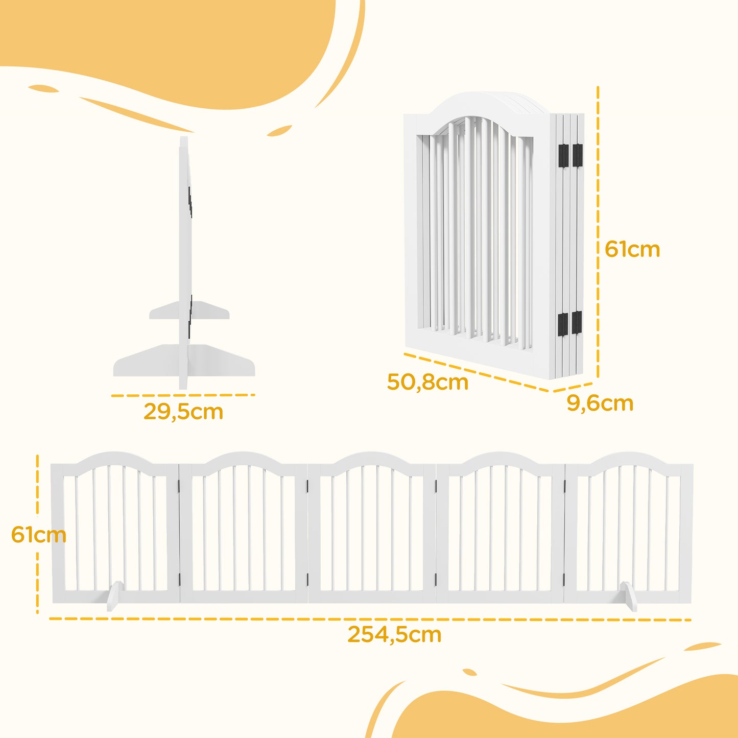 PawHut Hunde-Absperrgitter, 5 Paneele, klappbar, flexibel, Massivholz/MDF, 254,5x29,5x61 cm, Weiß