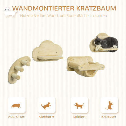PawHut Katzentreppe, 4-teiliges Set, 3-stufige Sprossenleiter, 2 Plattformen, Hängematte, Plüschbezug, beige
