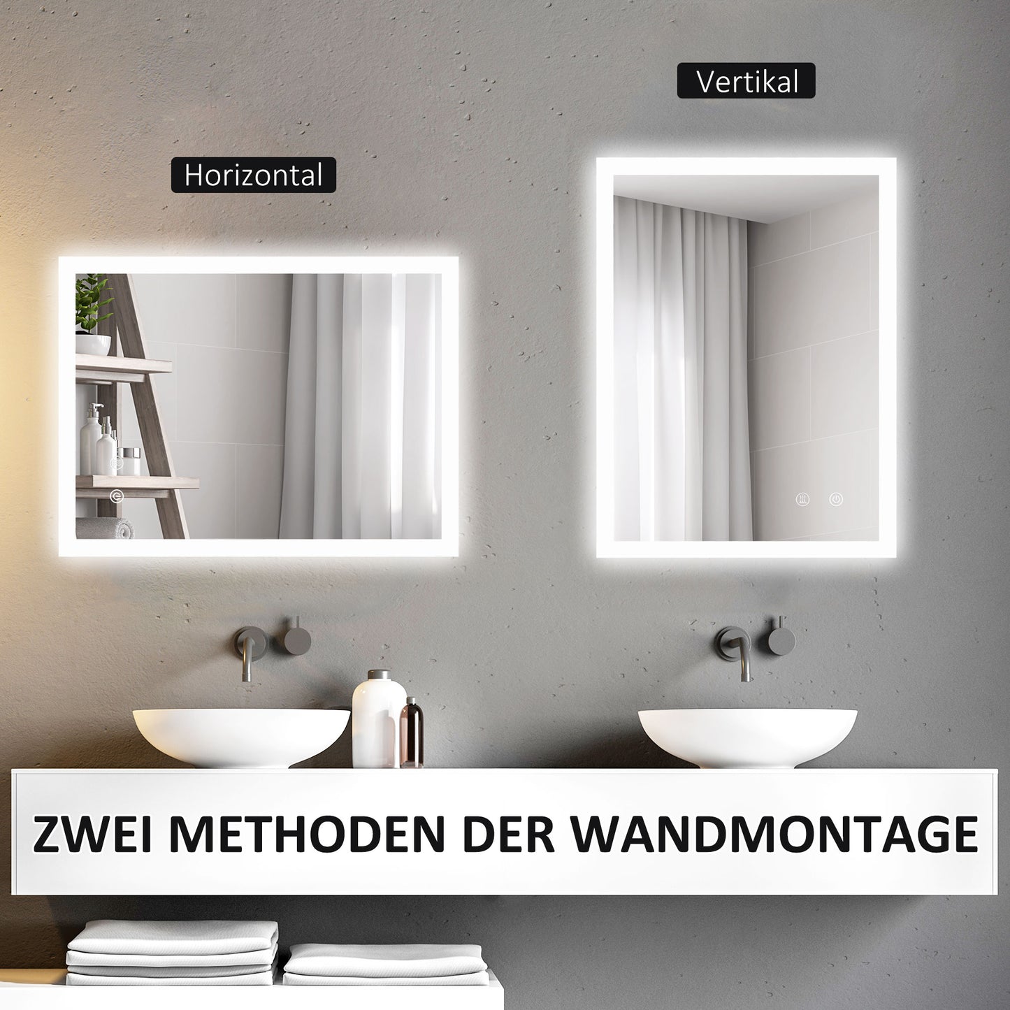 kleankin LED Badezimmerspiegel, Hintergrundbeleuchtung, Touch-Funktion, Memory-Funktion, kein Beschlagen, 80 x 60 cm