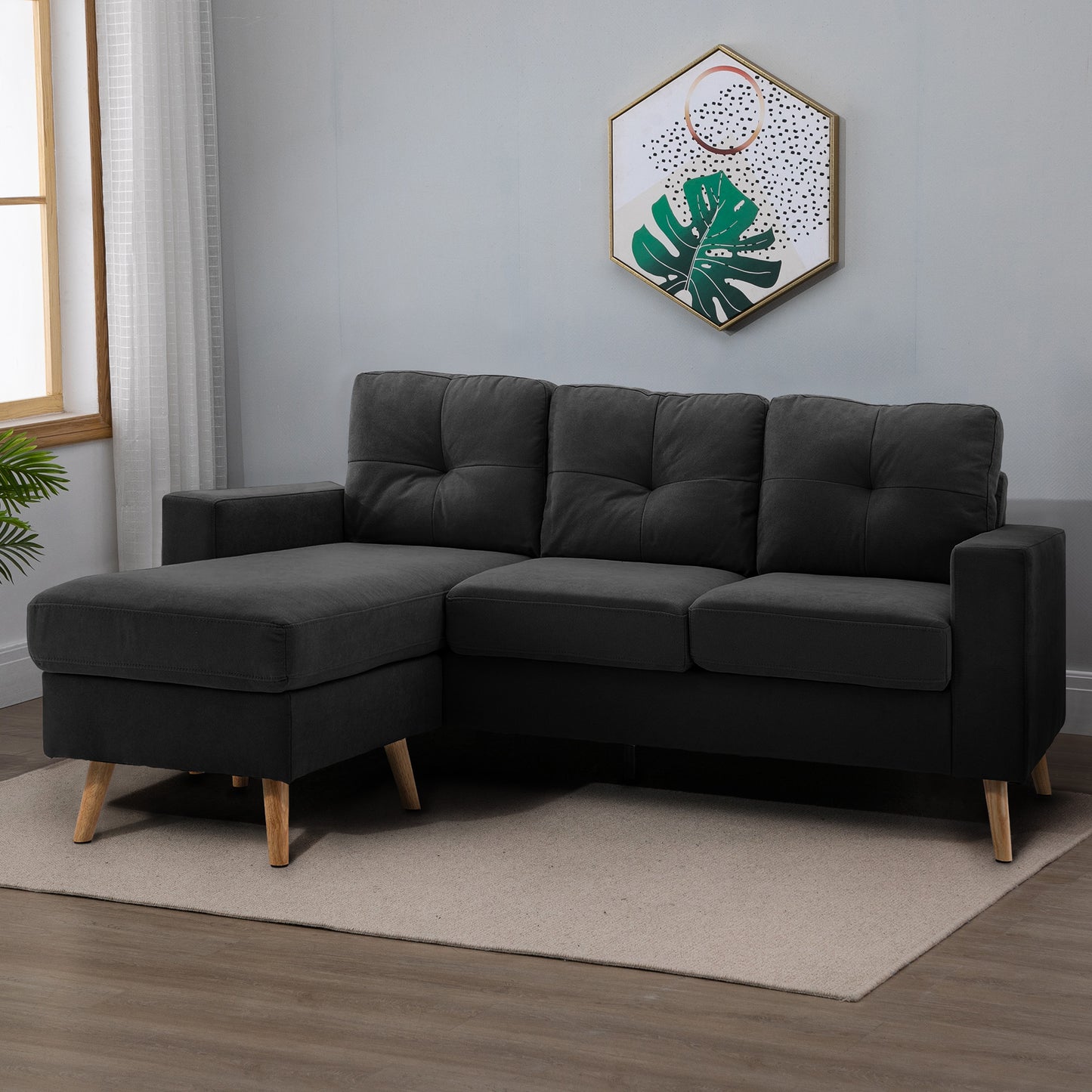 HOMCOM 3-Sitzer-Sofa Sofa Couch Ecksofa, mit Chaiselongue, Knopfheftung, 193 x136 x 85 cm, Schwarz