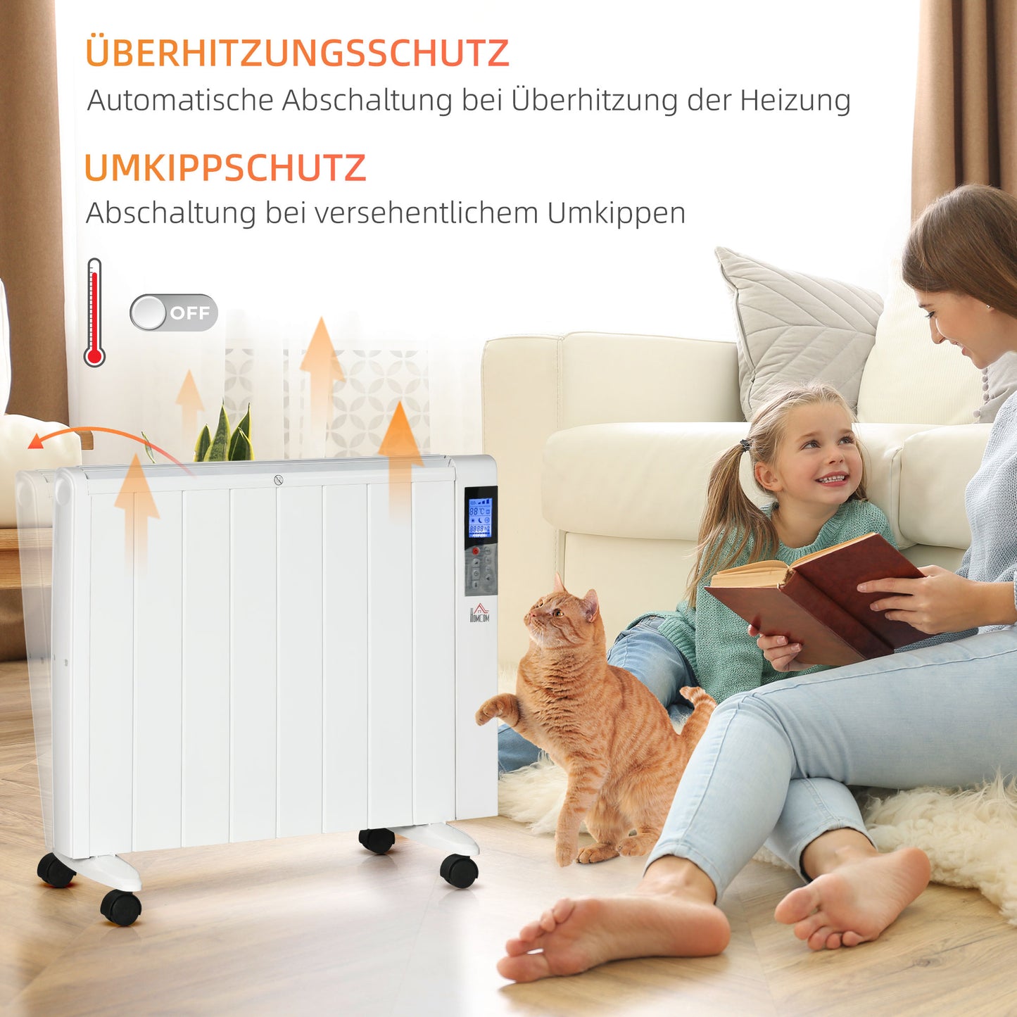 HOMCOM Elektroheizung mit Rollen, 9 vorinstallierte Modi, Wandmontage möglich, 5-35° C, weiß, 75 x 7,5 x 58,5 cm
