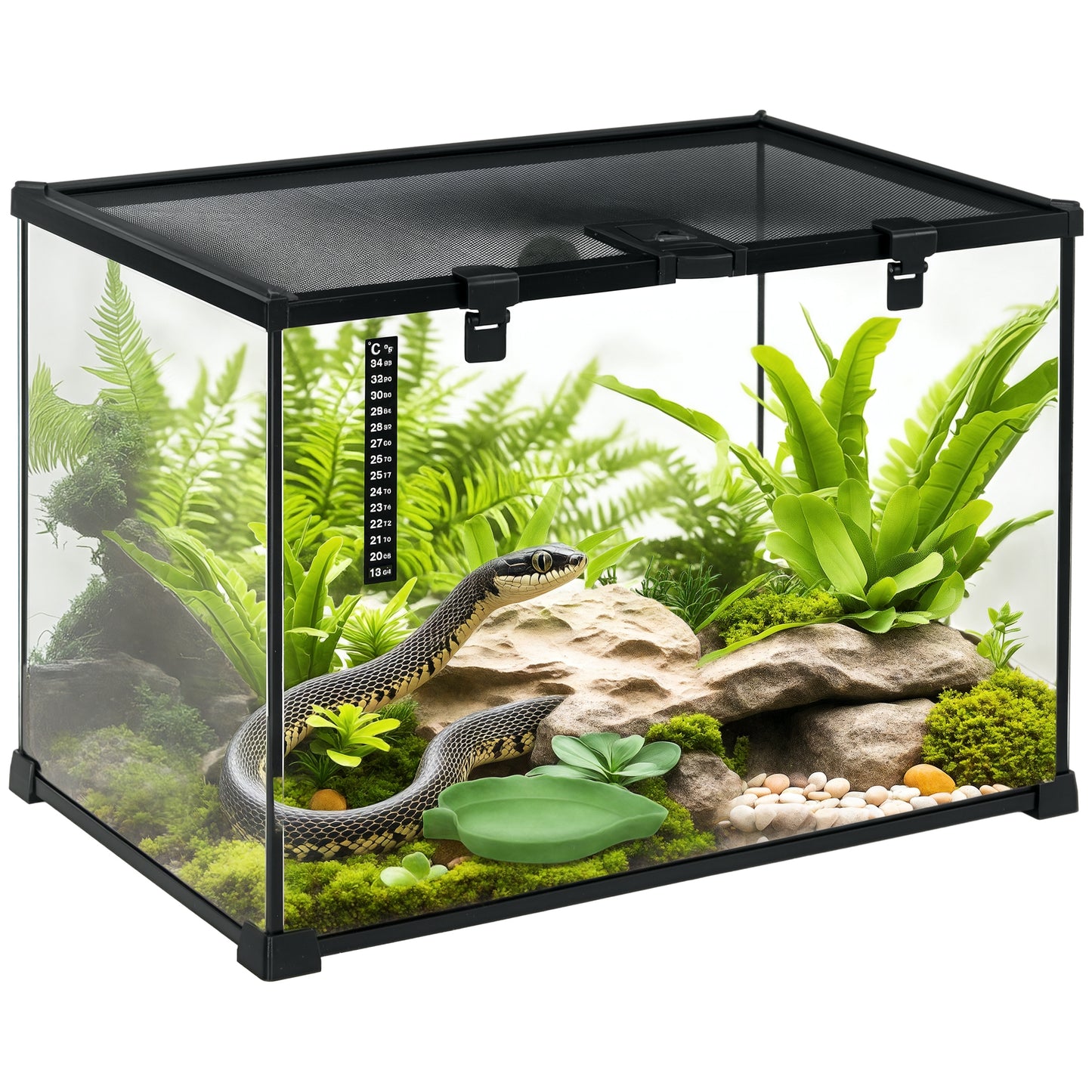 PawHut Terrarium für Reptilien Reptile Fütterungsbox Glasterrarium Amphibien Spinnentiere mit Termometer Reptiliensuchtbox Metall Schwarz 50 x 30 x 35 cm