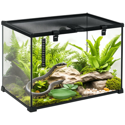 PawHut Terrarium für Reptilien Reptile Fütterungsbox Glasterrarium Amphibien Spinnentiere mit Termometer Reptiliensuchtbox Metall Schwarz 50 x 30 x 35 cm