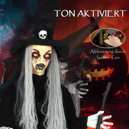 Outsunny 170 cm Halloween Dekoration Halloween Hexe mit LED-Lichter, Soundfunktion verstellbare Arme, Kopf