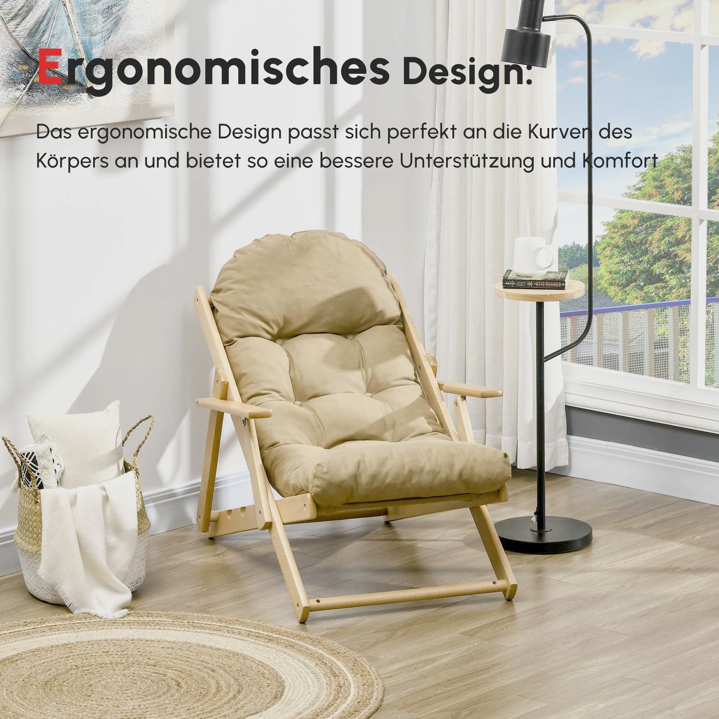 HOMCOM Akzentsessel, Relaxsessel, verstellbare Rückenlehne, Buchenholzrahmen, bis 120 kg, Braun