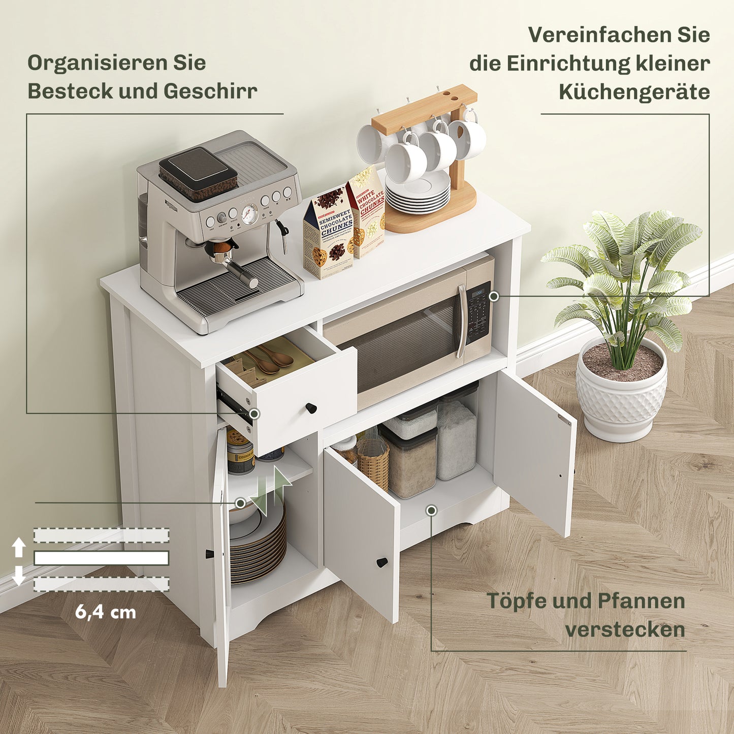 HOMCOM Küchenschrank mit Kabelloch, Kommode mit 2 Schränken, offenes Fach, Schublade, 80 x 35 x 72,2 cm, Spanplatte, Weiß