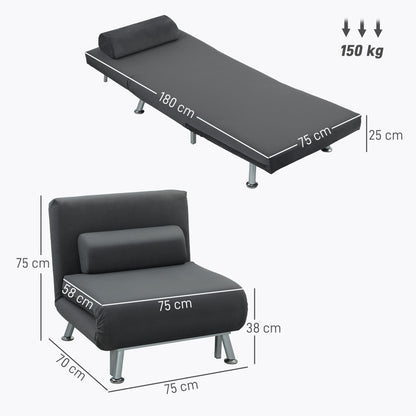 HOMCOM Klappsessel mit Bettfunktion, klappbarer Relaxsessel in Samtoptik, Verstellbare Rückenlehne, 75 x 70 x 75 cm, Dunkelgrau