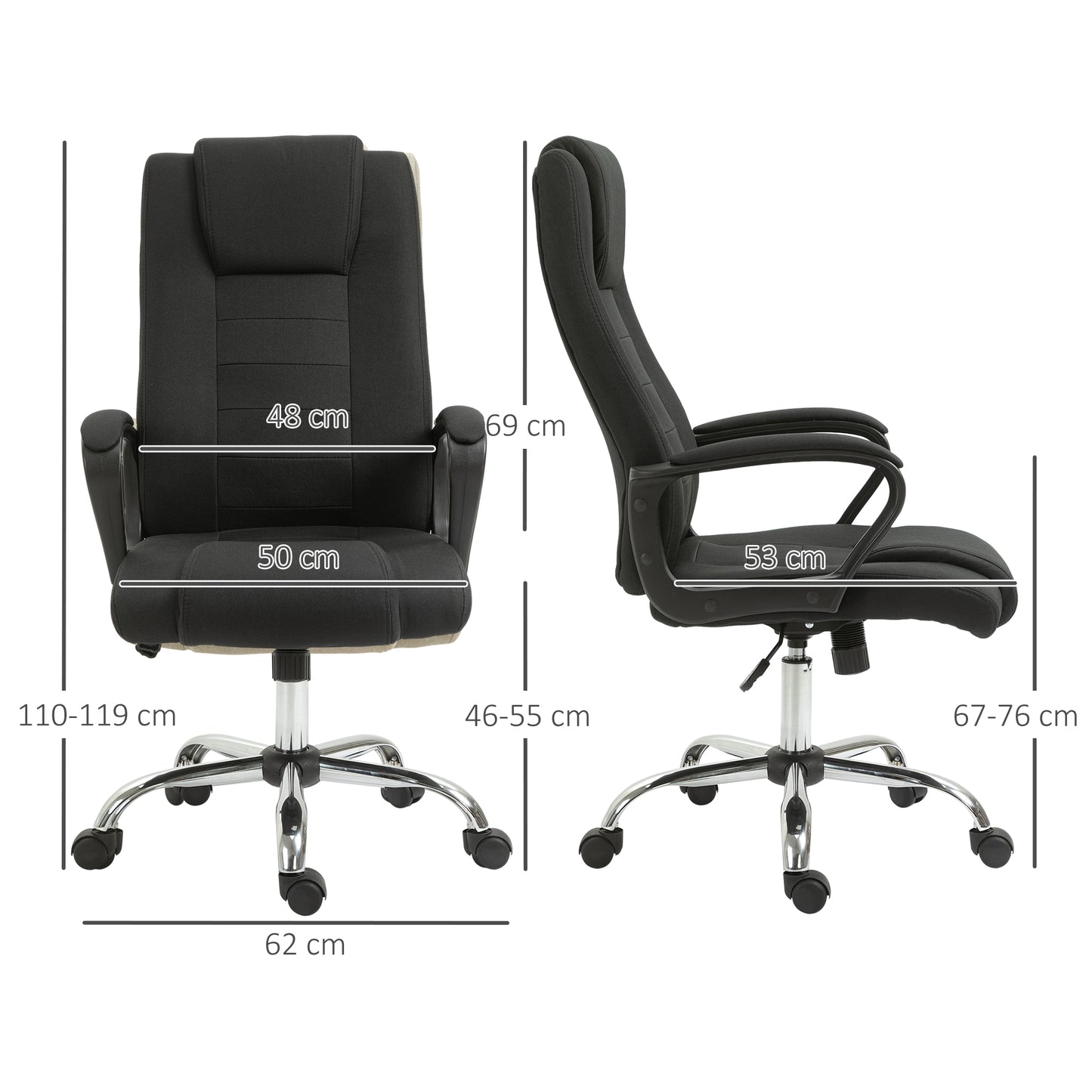 Vinsetto Bürostuhl Computerstuhl med Wippenfunktion Kopfstütze ergonomisk Schreibtischstuhl drehbar höhenverstellbar Leinen-Touch Schwarz 62 x 76 x 110-119 cm
