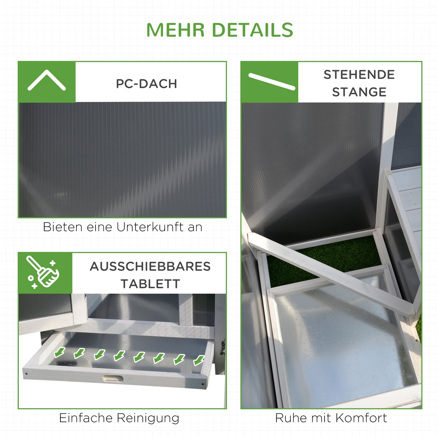 PawHut Hühnerstall Hühnerhaus Geeignet für 1-2 Hühner, mit Nistkasten Eierkiste mit 2 Fächern, Tanne, Grau+Weiß, 160 x 75 x 80 cm