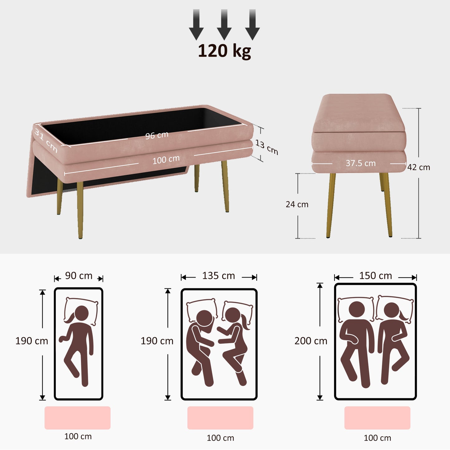 HOMCOM Sitzbank Polsterbank, mit Stauraum, Stahl, 100 x 37,5 x 42 cm, Rosa