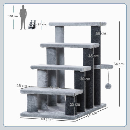 PawHut Katzentreppe 4-stufige Haustiertreppe mit Kratzsäulen Ball Hundetreppe Tiertreppe für Katzen bis 5 kg Plüsch Jute Grau 60 x 40 x 64 cm