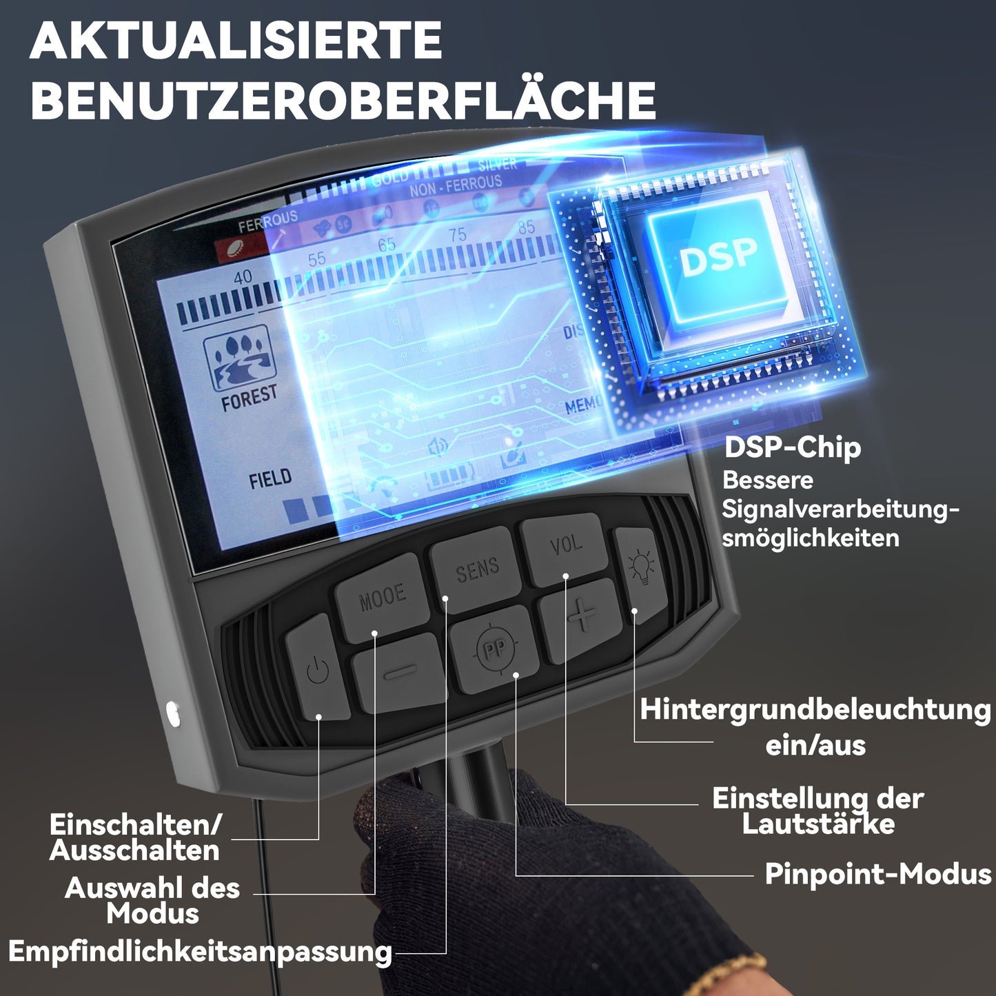 Outsunny Metalldetektor für Erwachsene 5 Modi Tragbar Ortungsgerät mit Alarm Spule LCD-Display IP68 Wasserdicht Dunkelgrau