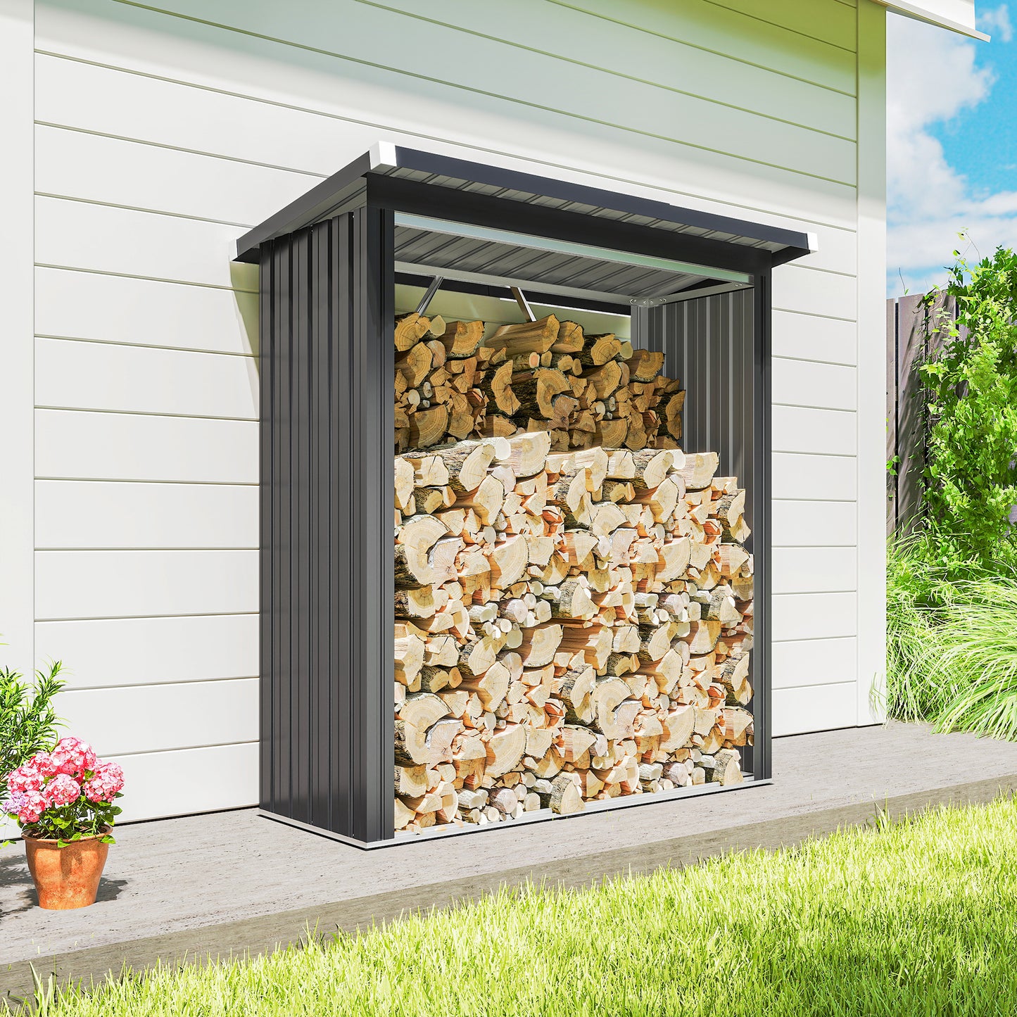 Outsunny Brennholzschuppen, Feuerholzunterstand, Stahl, erhöhter Boden, Schrägdach, 150 x 66,5 x 150 cm, Dunkelgrau