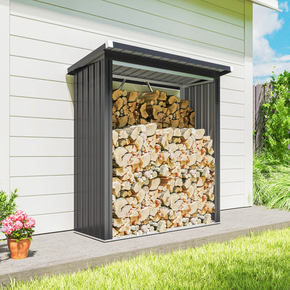 Outsunny Brennholzschuppen, Feuerholzunterstand, Stahl, erhöhter Boden, Schrägdach, 150 x 66,5 x 150 cm, Dunkelgrau
