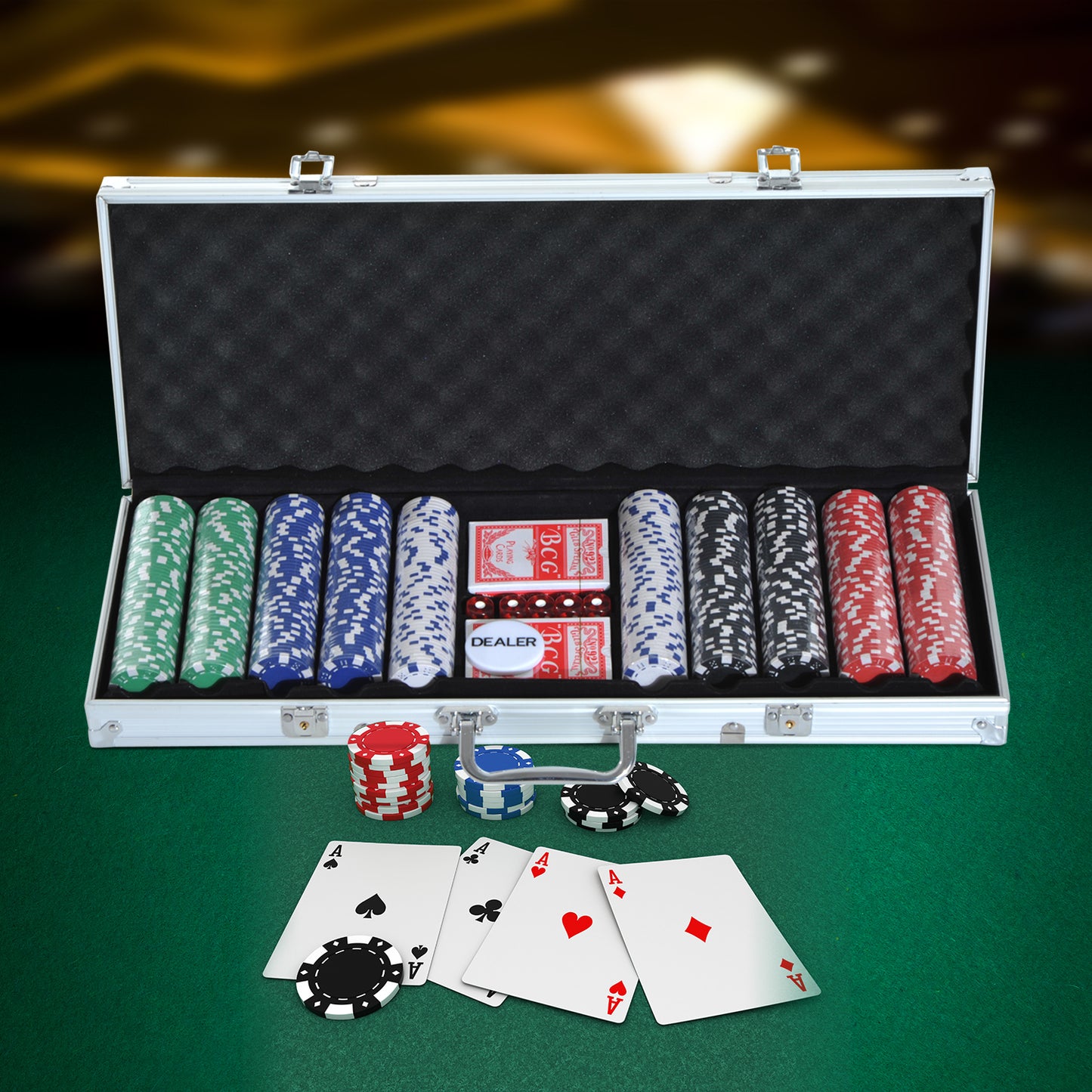 HOMCOM Pokerset, 500 Chips, 2 Kartendecks, 5 Würfel, Aluminium-Koffer, verschließbar
