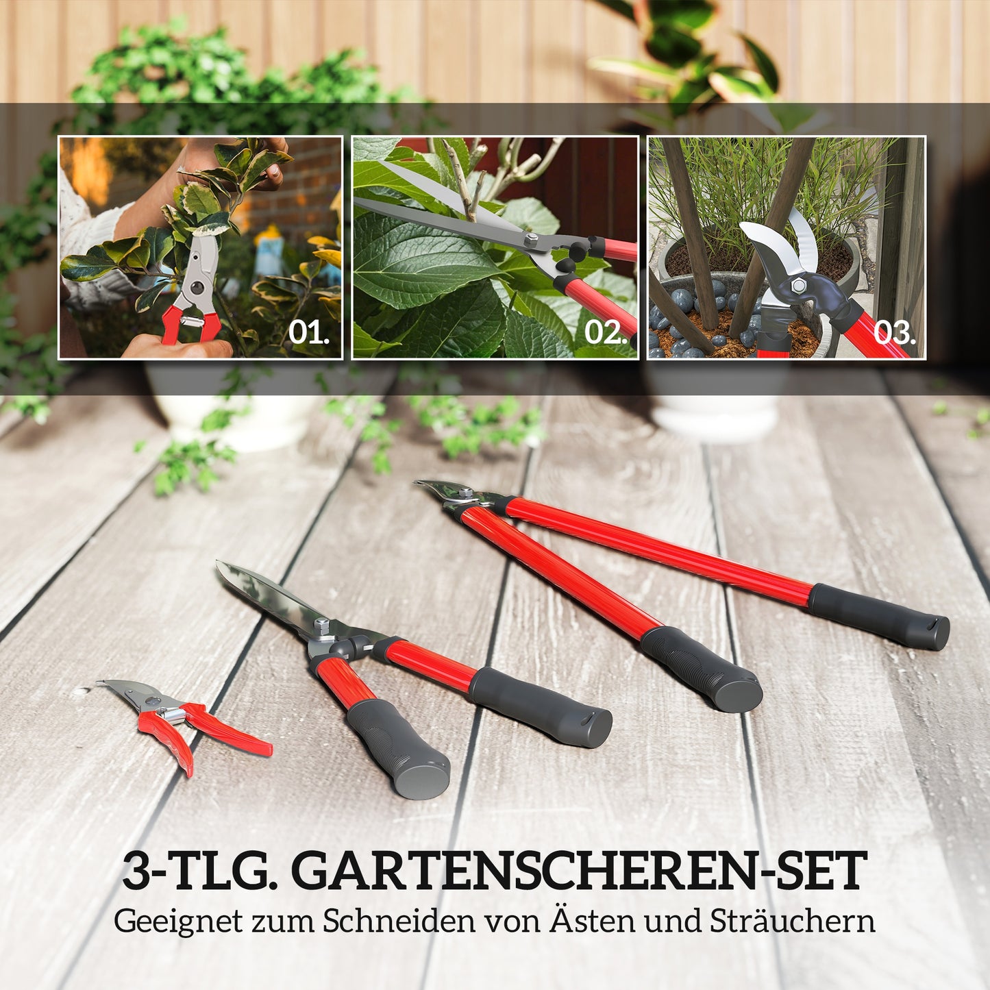 Outsunny Heckenschere Set 3-teilig Gartenschere Astschere mit Stahlklingen, Griff