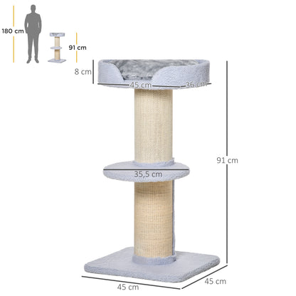 PawHut Kratzbaum 91 cm Katzenturm mit Sisalstämme, Plattform, Kissen mehrstöckiger Katzenkratzbaum, Kletterbaum, für mittelgroße Katzen, Hellblau