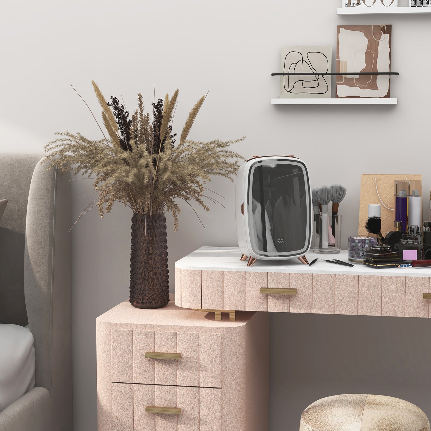 HOMCOM Minikühlschrank für Kosmetikprodukte, Getränke und Snacks, tragbar, mit beleuchtetem Spiegel, leiser Betrieb, 6L, Weiß