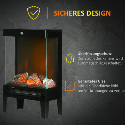 HOMCOM Elektrokamin, 2000 W, Standkamin mit Heizung LED 3D-Flammeneffekt, 4 Helligkeitsstufen, Elektrischer Kamin mit Thermostat, Überhitzungsschutz, Schwarz