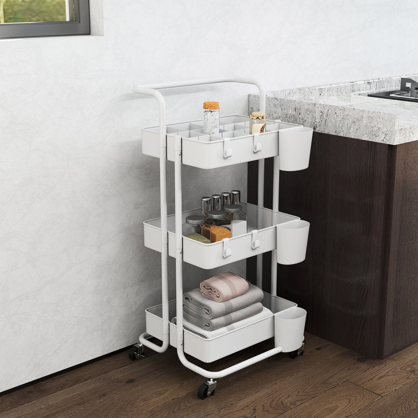 HOMCOM Rollwagen, Servierwagen, 3 Ablagekörbe, 3 Hängeboxen, 4 Haken, Metallrahmen, 42 x 38 x 86,5cm, Weiß