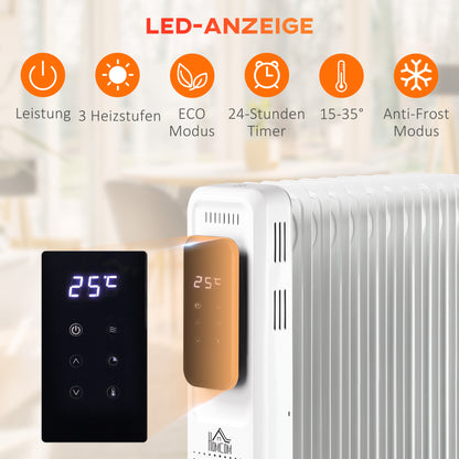 HOMCOM Ölheizung, 3 Heizstufen, Touch-Display, 15-35° C, 2000 W, Stahl, weiß, 42,5 x 24 x 63cm