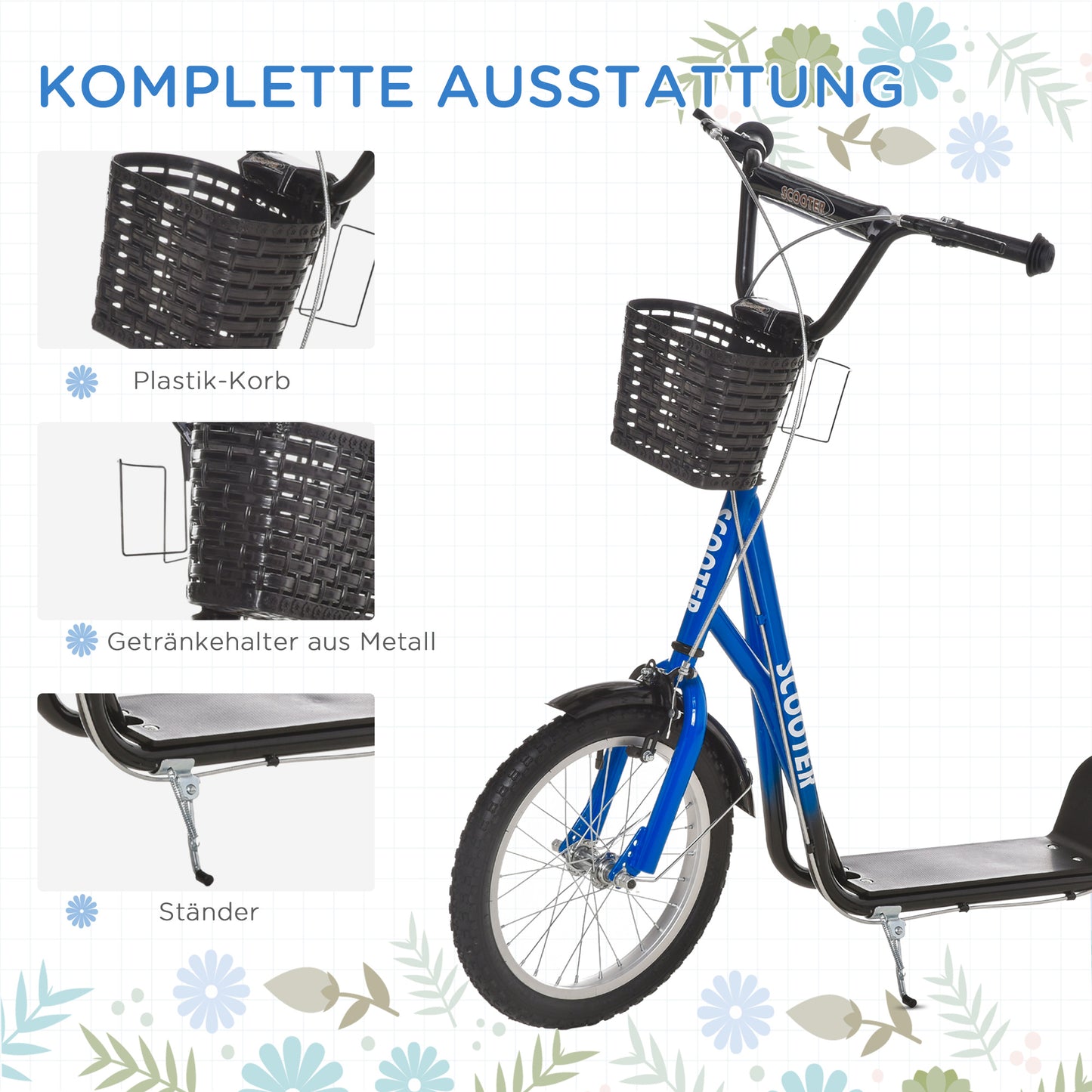 HOMCOM Kinderroller, Scooter mit Bremse, inkl. Korb, höhenverstellbar, für Kinder 5-12 J., blau+schwarz