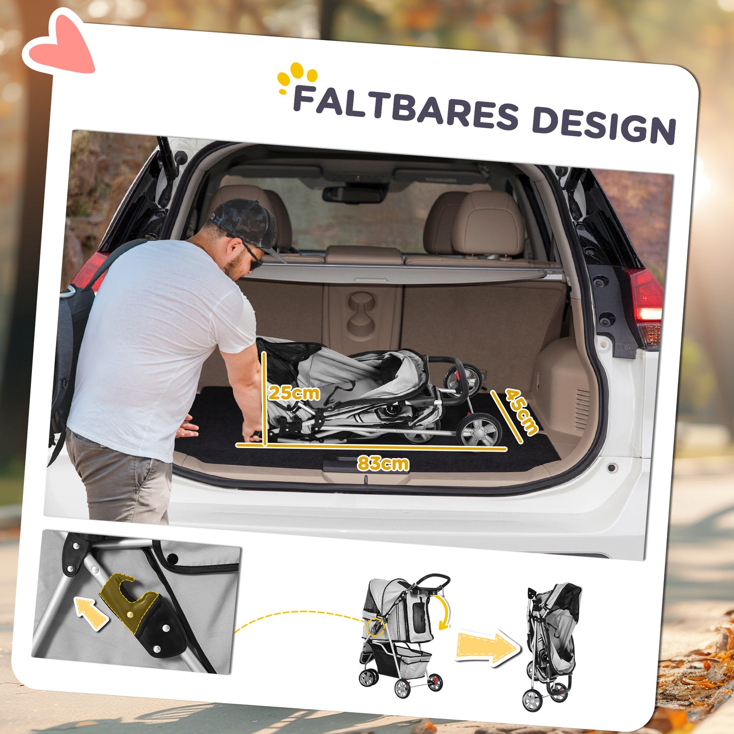 PawHut Hundewagen Hundebuggy bis 10 kg Klappbar Bodenkorb 2 Becherhalter verstellbares Vordach Grau